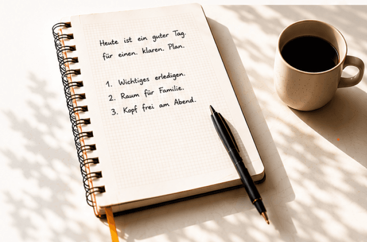 Notizbuch mit Tagesplan und Kaffee