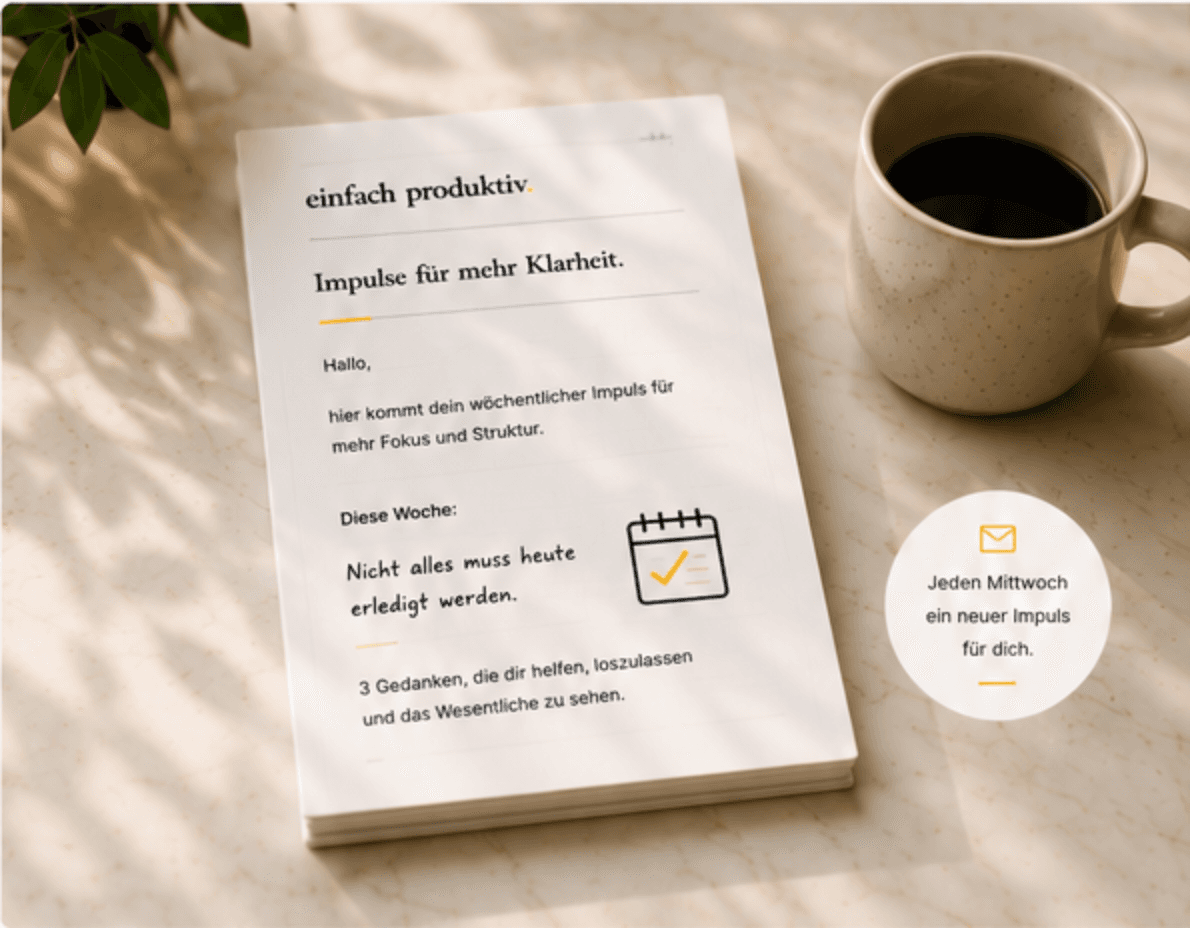 Notizbuch mit wöchentlichem Impuls, Kaffee und Stift